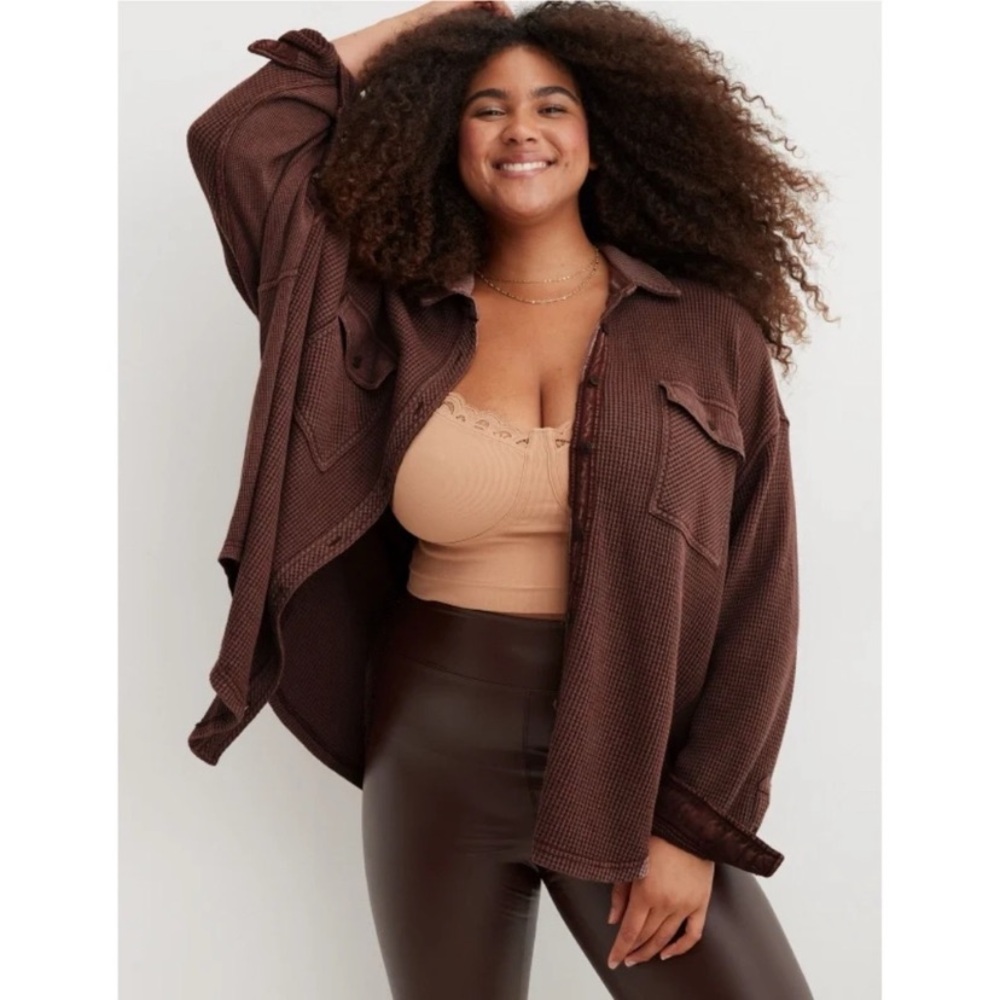 Aerie LumberJane Waffle Knit Shirt Brown Oversized Size Small